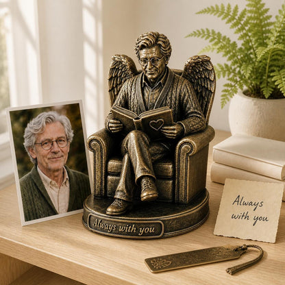 Personalised Reader Memorial Figurine from Photo, Antique Brass Angel Statue, Book Lover Remembrance Gift