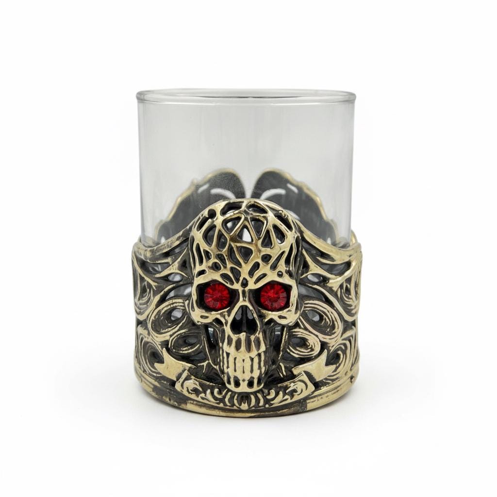 Jeweled Skull Whiskey Glass – Antique Brass Holder, 10 oz