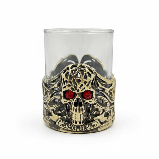 Jeweled Skull Whiskey Glass – Antique Brass Holder, 10 oz
