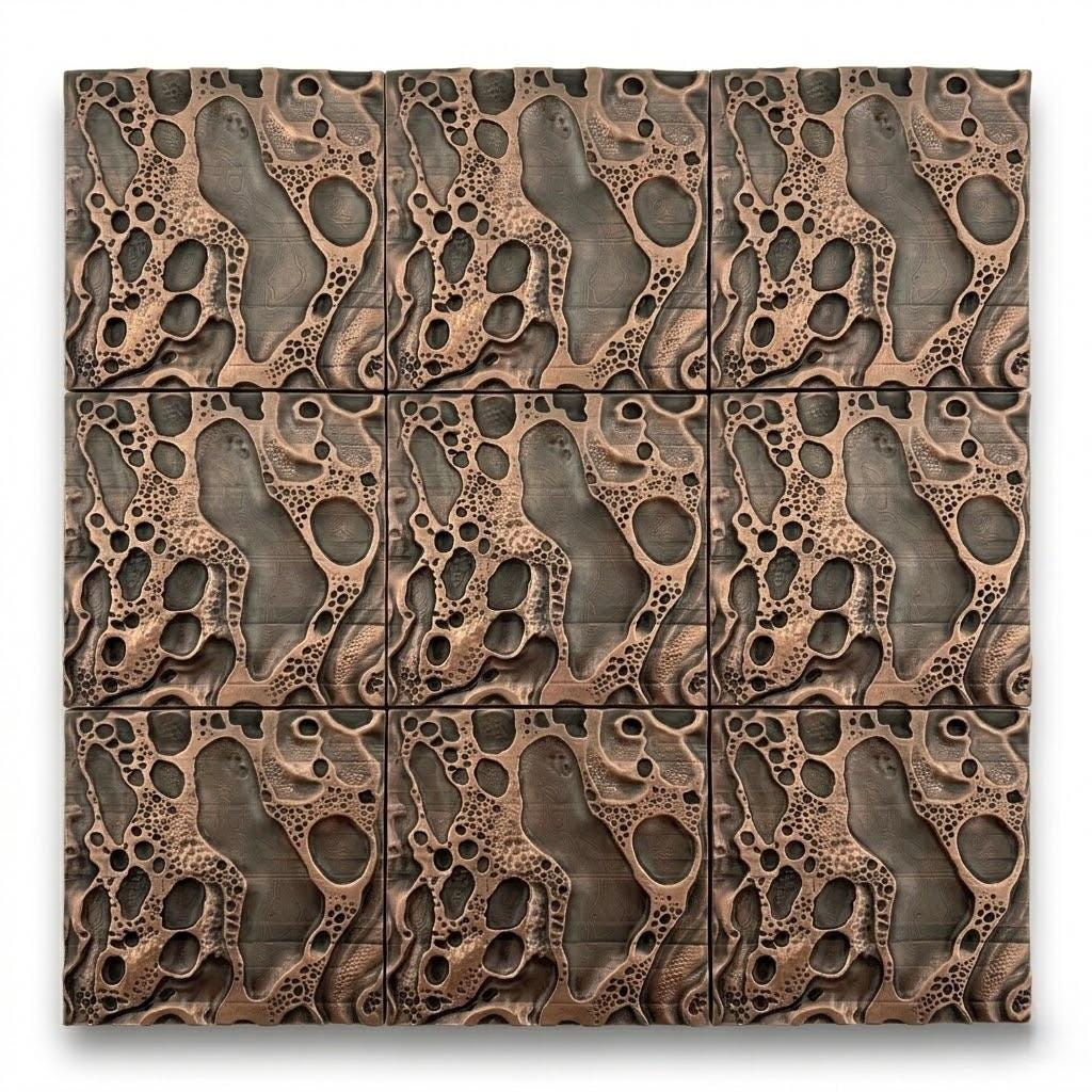 Nine cosmic crater tiles in antique copper