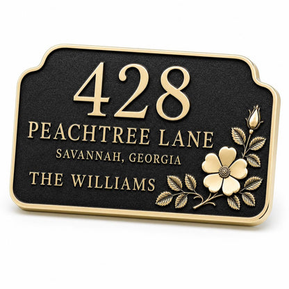 Floral Metal House Number Sign | Custom Brass Family Name Street Sign