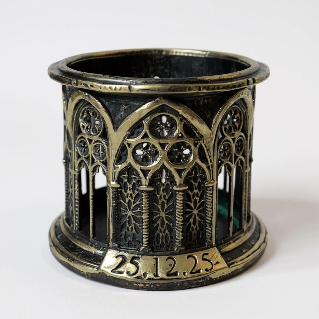 Round cathedral holder with the date 25.12.25 on the band, close view