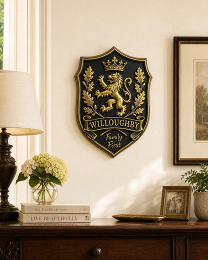 Design Your Own Crowned Lion Crest Plaque | Custom Surname & Motto | Antique Brass Wall Sign