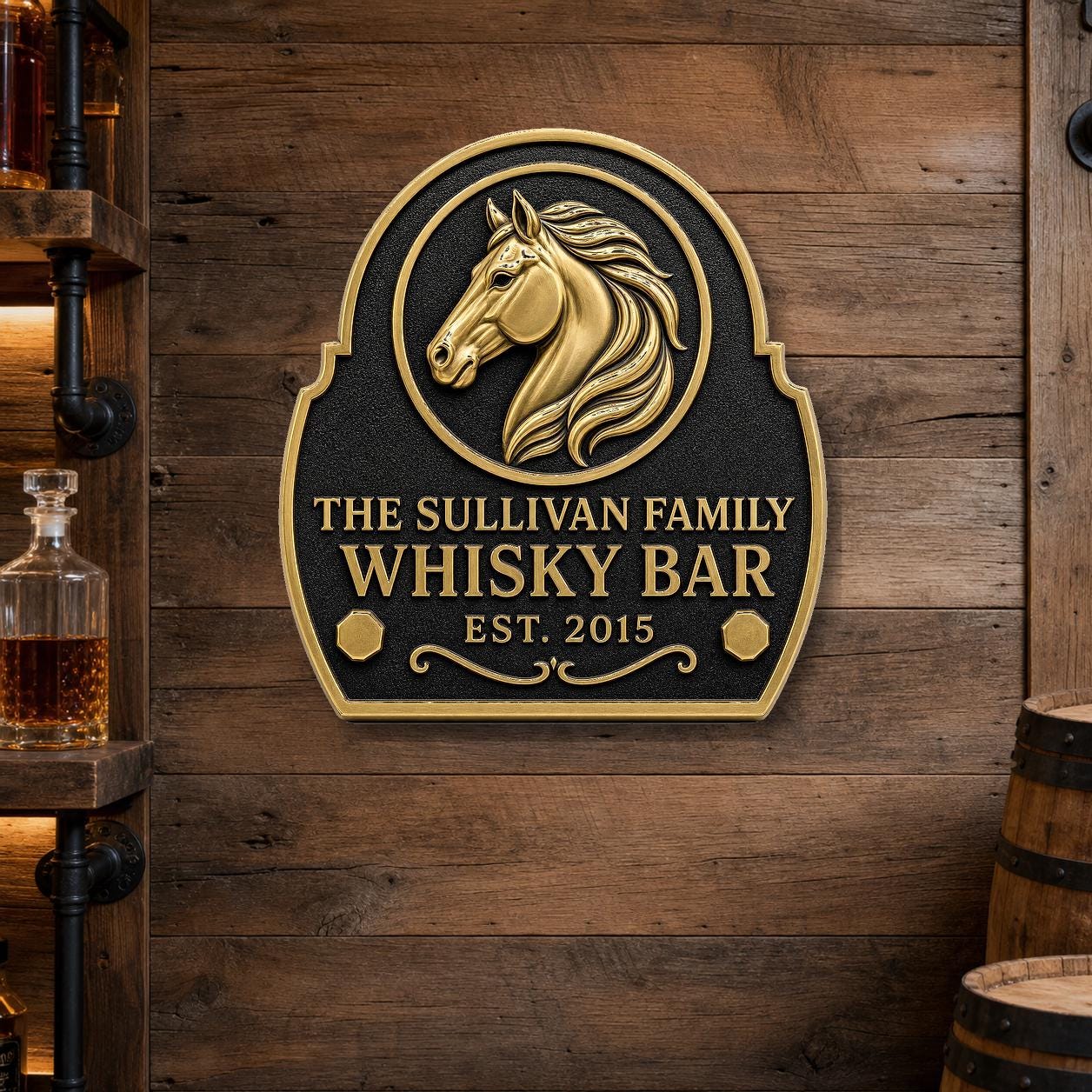 Personalised Horse Head Whisky Bar Plaque | Custom Family Bar Sign | Handcrafted Antique Brass Wall Decor
