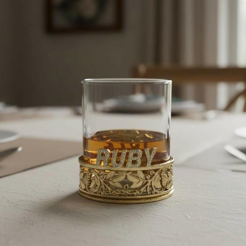 Whiskey glass with RUBY on a dining table