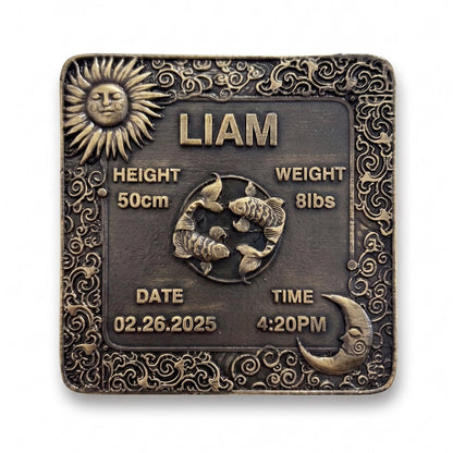 Personalized Brass Birth Plaque Tile for New Borns | Brass Zodiac Sun Sign Plaques | Antique Gold Finish