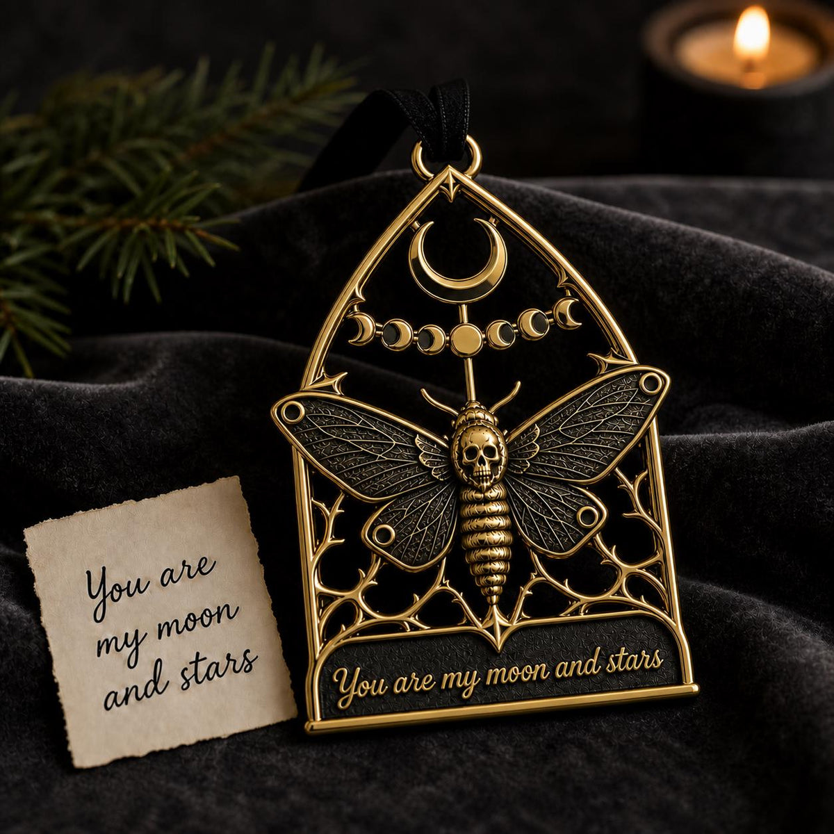 Large Personalized Moth Memorial Ornament | Gothic Antqiue Brass decor | Custom Keepsake