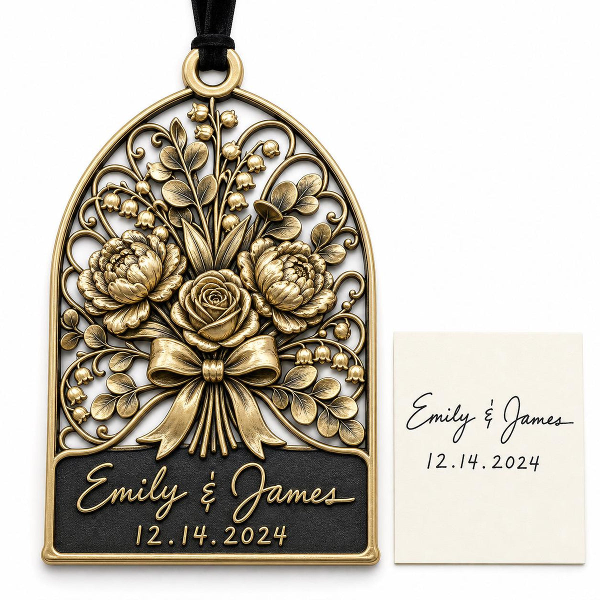 Large Personalized Wedding Ornament | Custom Couple Christmas Keepsake | Copper & Brass Charms