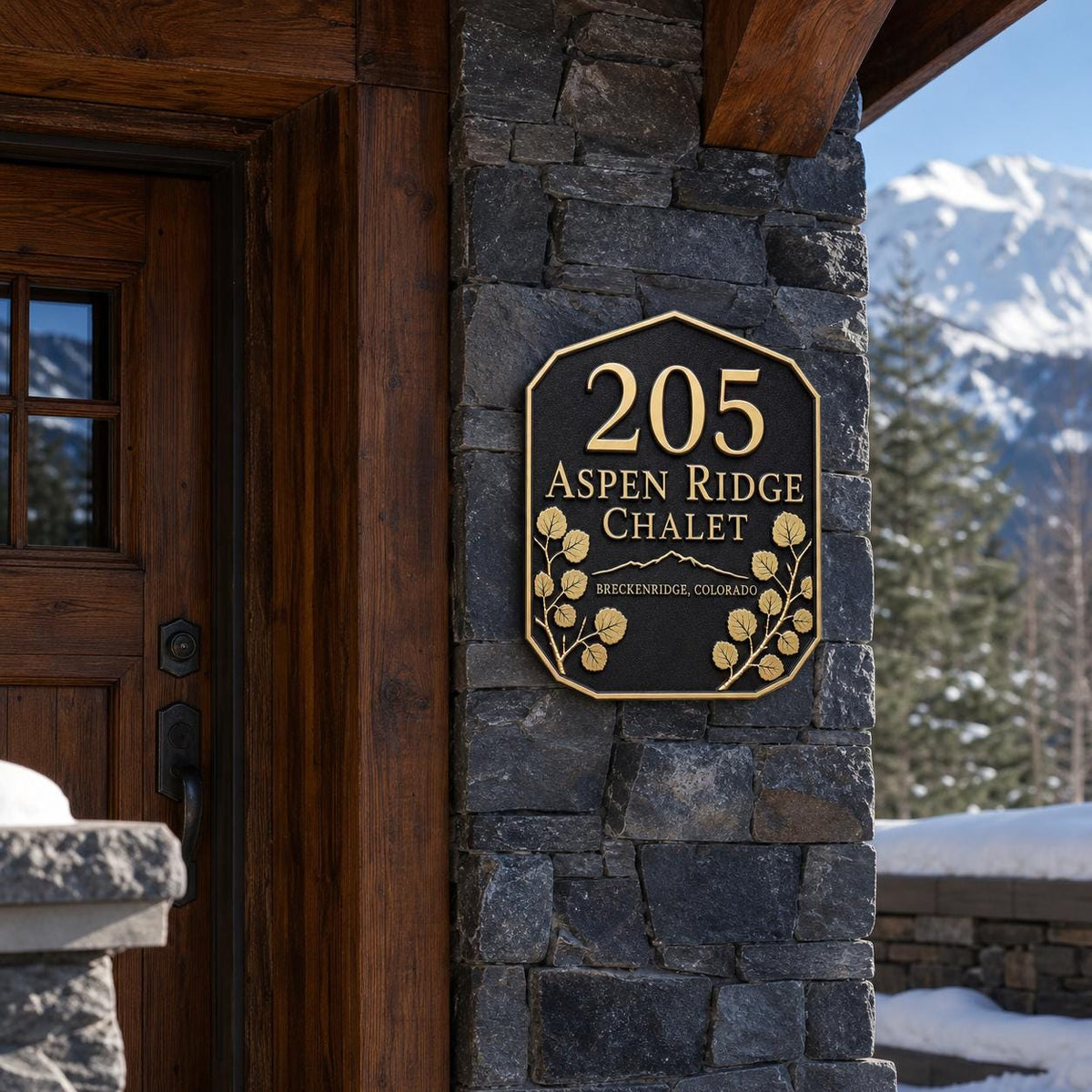Personalised Mountain Cabin Address Plaque | Custom Metal House Number | Antique Brass Wall Decor