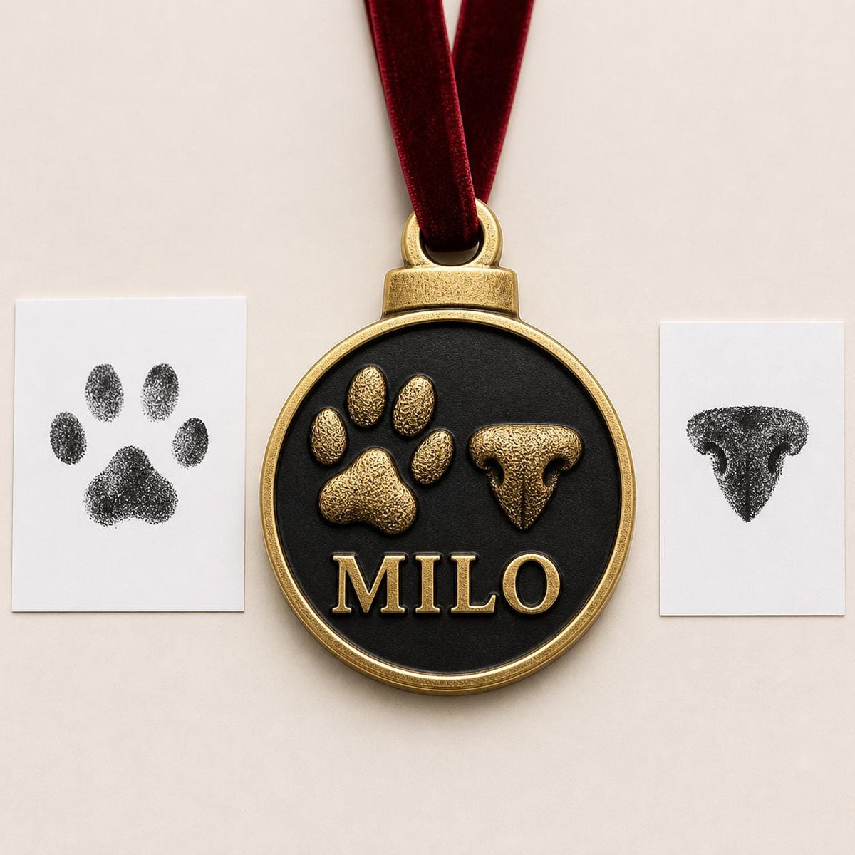 Antique brass round pet ornament with a raised paw print, nose print and MILO, beside the ink print cards