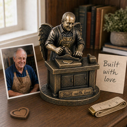 Personalised Woodworker Memorial Figurine from Photo, Antique Brass Angel Statue