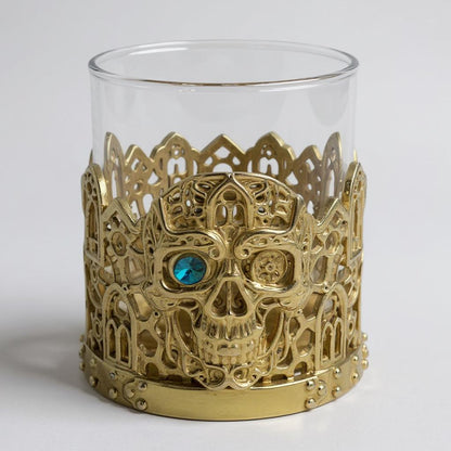 Gemstone Skull Whiskey Glass – Gold Holder, 10 oz