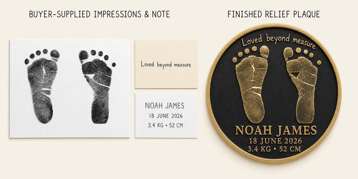 Personalised Newborn Footprint Plaque, Custom Baby Birth Record, Antique Brass Baby Keepsake