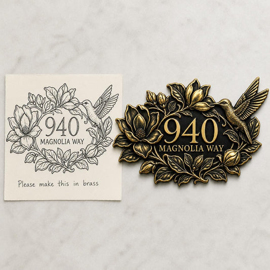 Design Your Own Custom House Number Plaque | Personalized Antique Brass Floral Address Sign