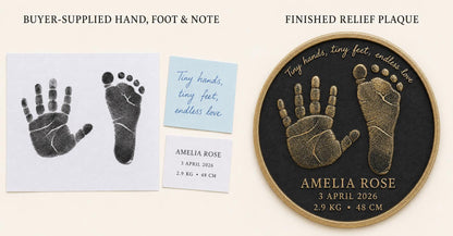 Personalised Baby Handprint & Footprint Plaque, Custom Birth Details Keepsake, Antique Brass Nursery Gift