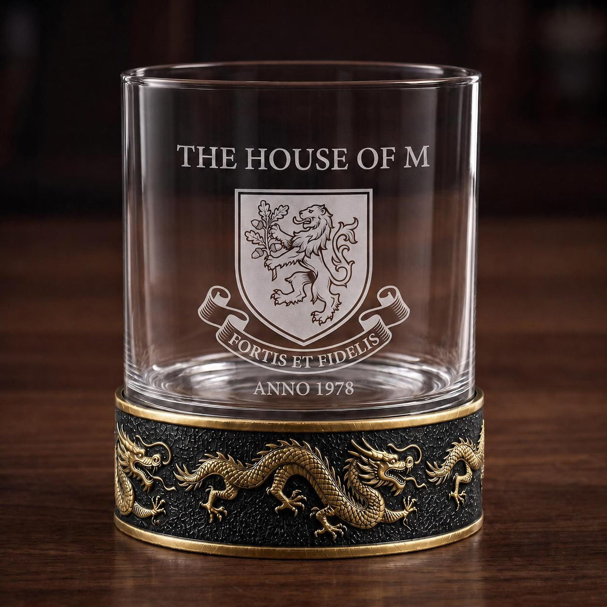 Personalised Laser Etched Brass Base Whiskey Glass | Signature Name/Logo Glasses | Dragon Metal Design