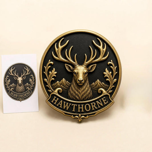 Design Your Own Round Stag Crest Plaque | Custom Surname Banner | Antique Brass Wall Sign