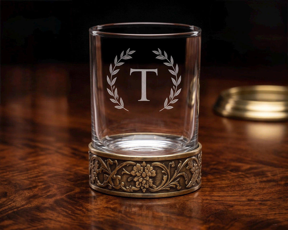 Personalised Laser Etched Brass Base Whiskey Glass | Signature Monogram/Name Glasses | Antique Brass Metal Base