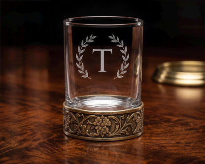 Personalised Laser Etched Brass Base Whiskey Glass | Signature Monogram/Name Glasses | Antique Brass Metal Base