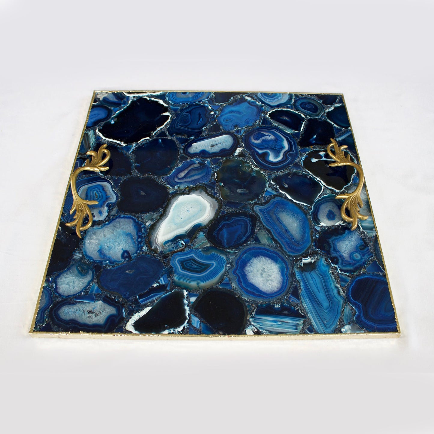 Blue Agate Square Serving Tray With Brass Handles | Square