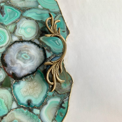 Large Green Agate Serving Tray With Brass Handles/Personalised Momentos/Sign Boards 10"x15"