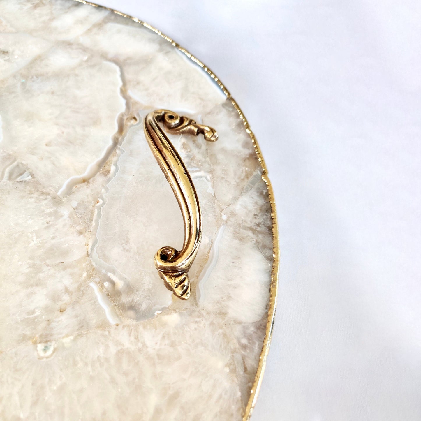 White Agate  Serving Tray With Brass Handles | Circular |
