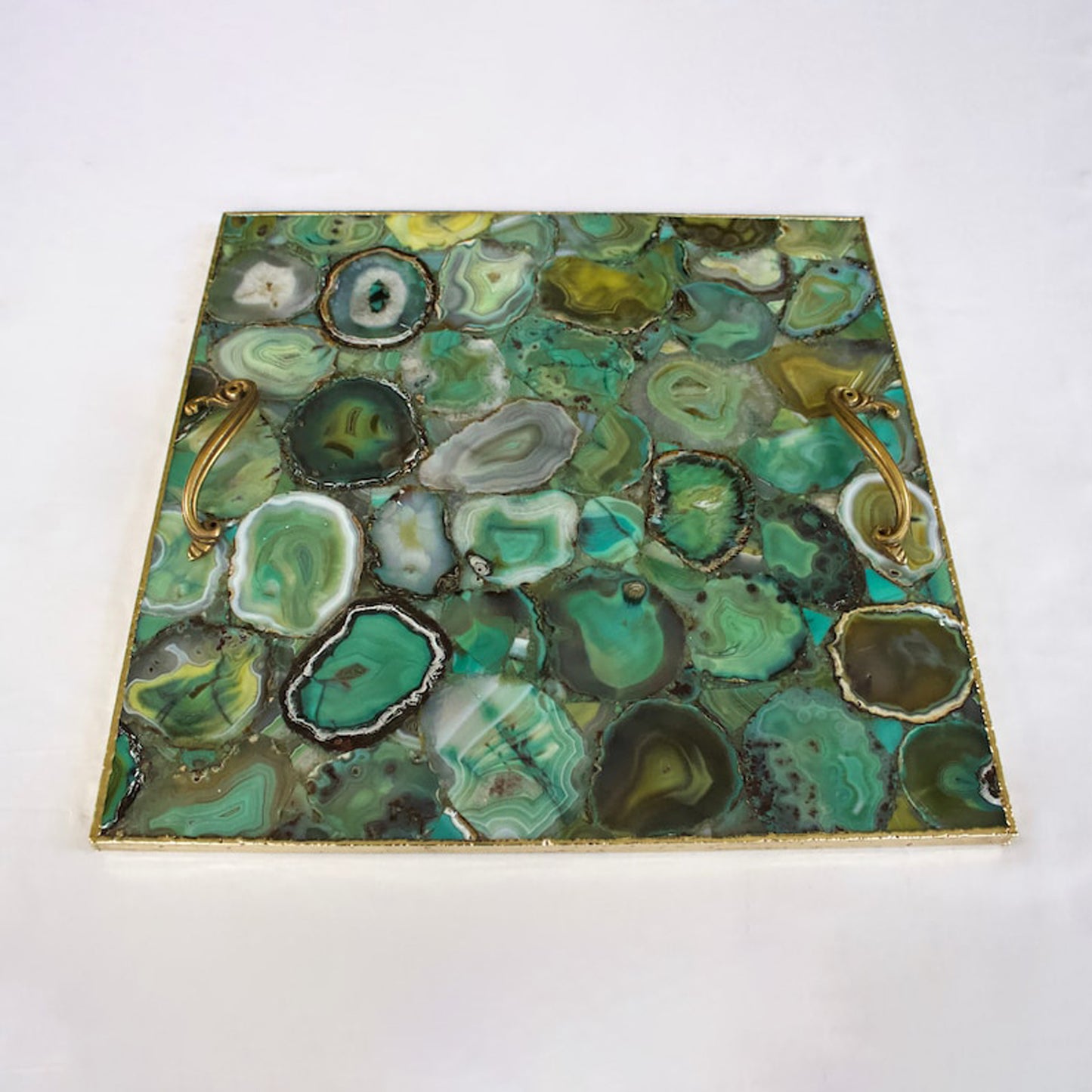 Light Green Agate Serving Tray With Brass Handles | Square