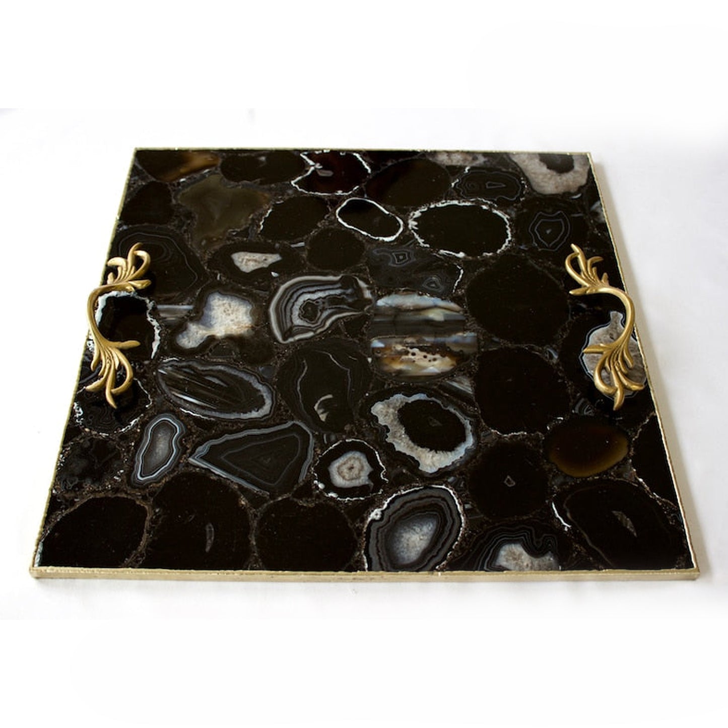 Black Agate Serving Tray With Brass Handles | Square