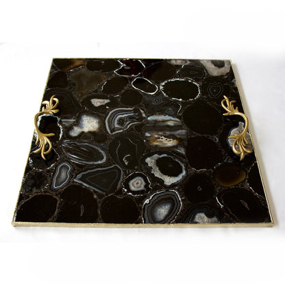 Black Agate Serving Tray With Brass Handles | Square