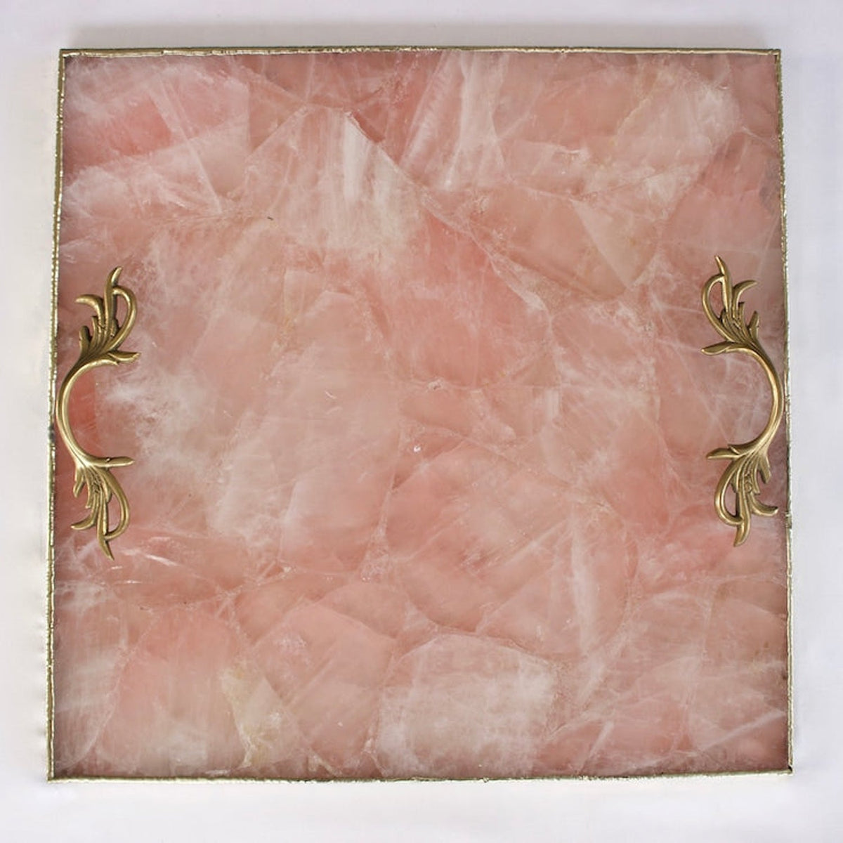 Rose quartz square serving tray with Open Leaf brass handles