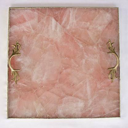 Rose quartz square serving tray with Open Leaf brass handles