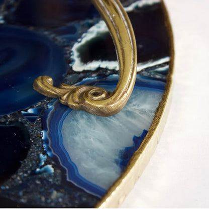 Blue Agate Serving Tray With Brass Handles | Circular