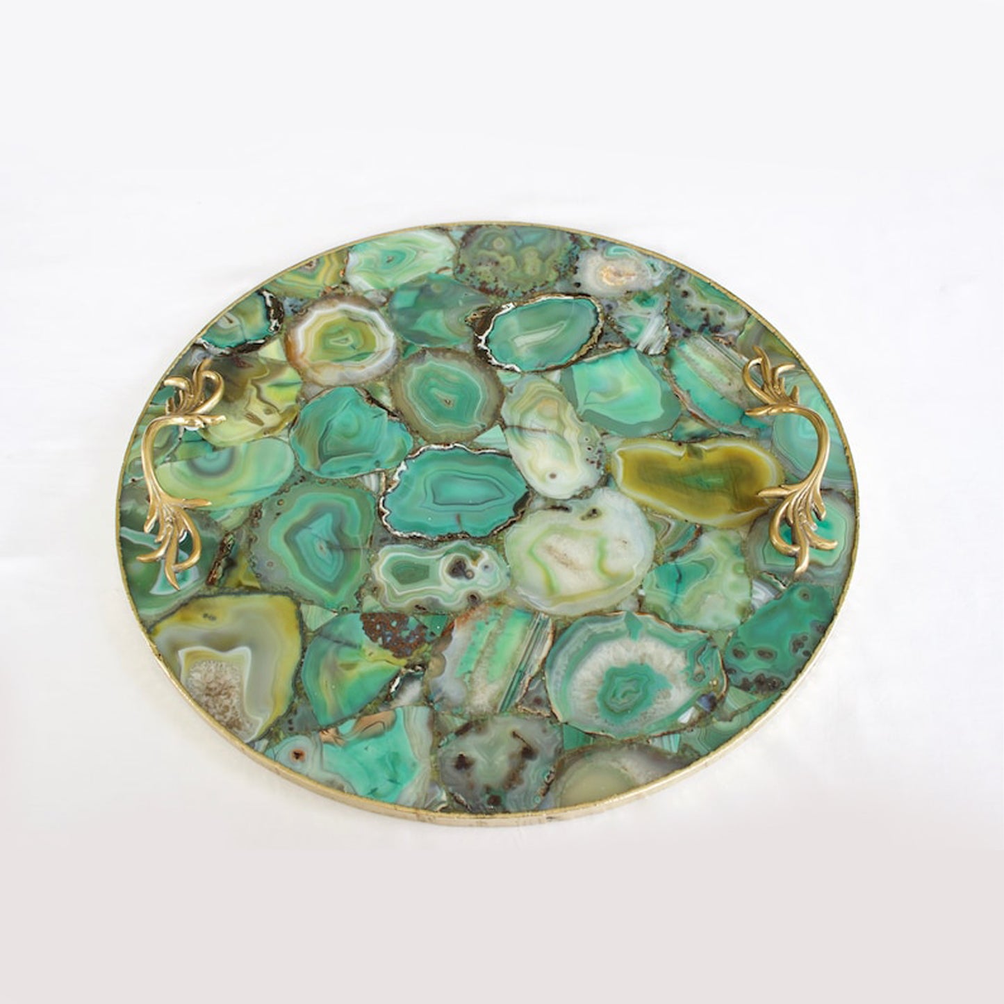 Green Agate Serving Tray With Brass Handles | Circular