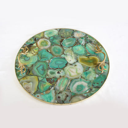 Green Agate Serving Tray With Brass Handles | Circular