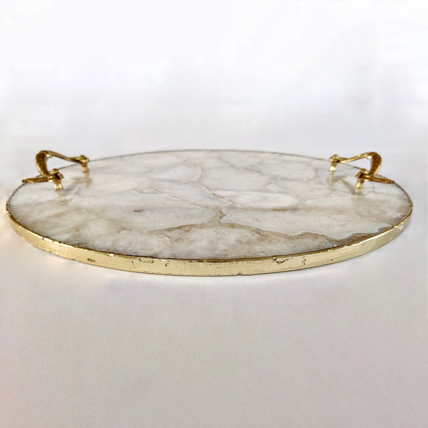 White Agate Serving Tray With Brass Handles | Circular |