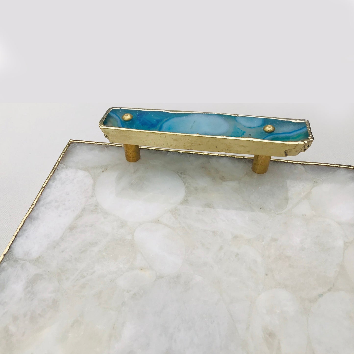 White Crystal Agate Plated Serving Tray With Blue Agate/Onyx Handles/Personalised Momentos/Sign Boards