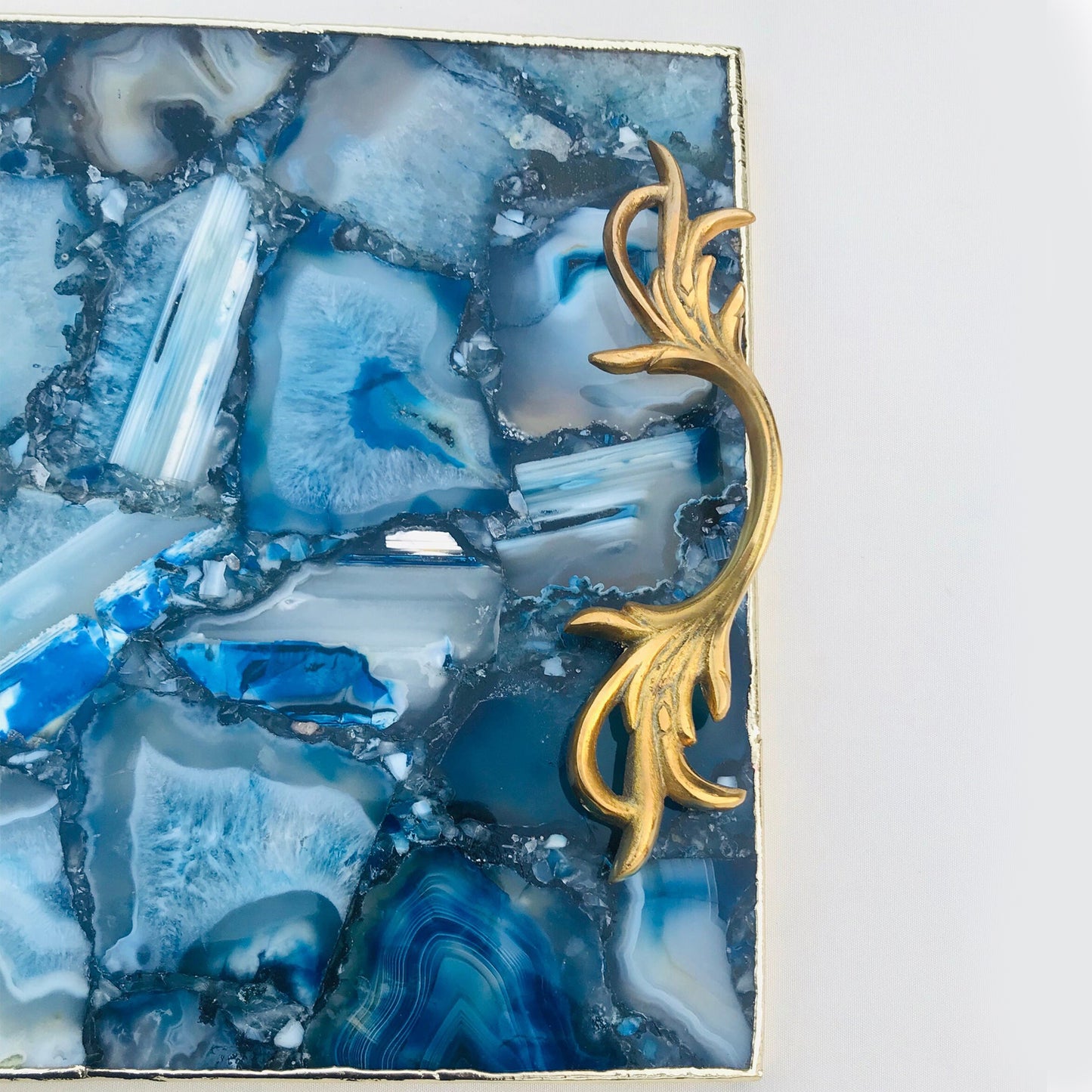 Blue Agate  Serving Tray With Brass Handles