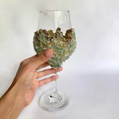 Set of 2 |Crystal Wine Glasses with Gold Plated Light Green Agate/Quartz Semi-precious Crystals | 16 oz/465 ml