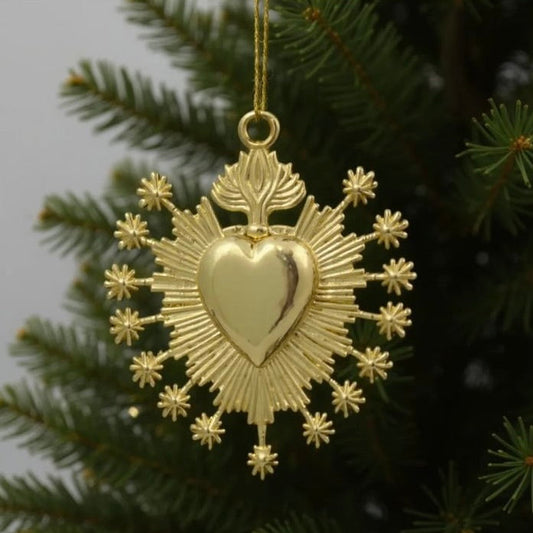 Heart starburst christmas ornament | Electroformed brass metallic bauble in gold, silver or antique | Set of 2 or 4