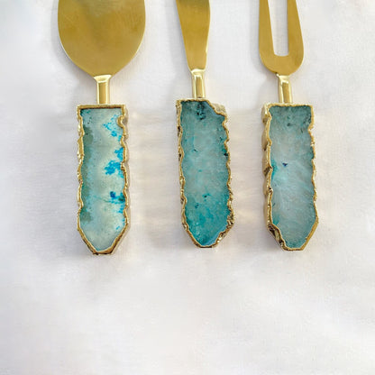 Set of 3 Aqua Agate Cheese Knives/Spreaders