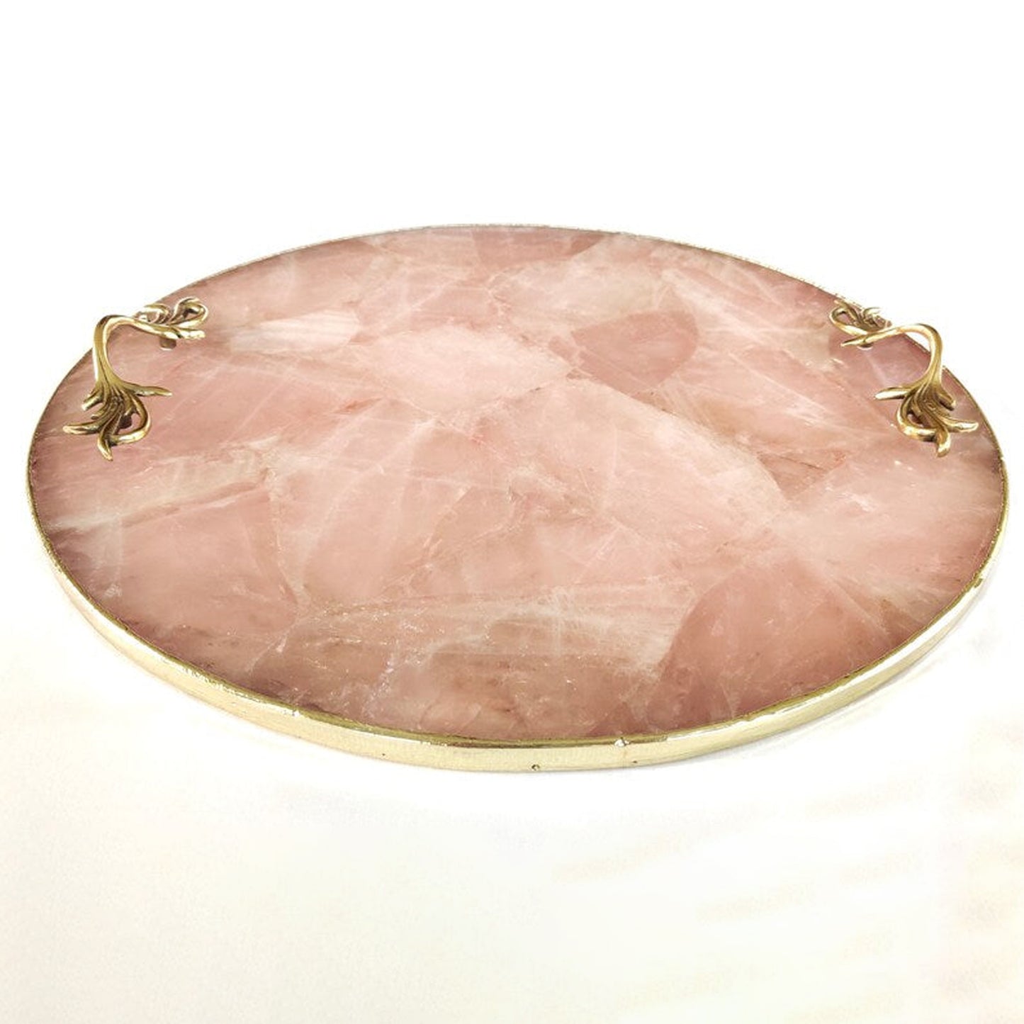Rose Quartz Agate | Serving Tray With Brass Handles | Circular |