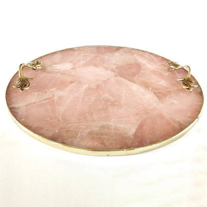 Rose Quartz Agate | Serving Tray With Brass Handles | Circular |