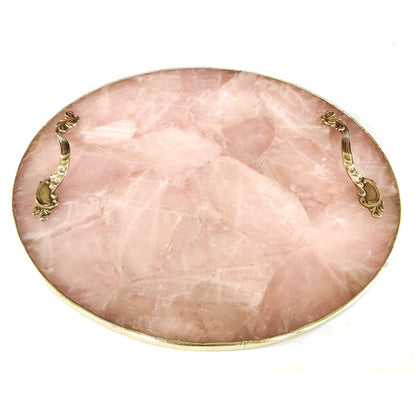 Rose Quartz Agate | Serving Tray With Brass Handles | Circular |