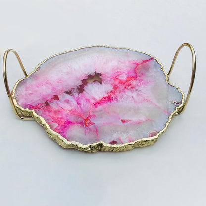 Pink Agate Serving Tray With Brass Loop Handles