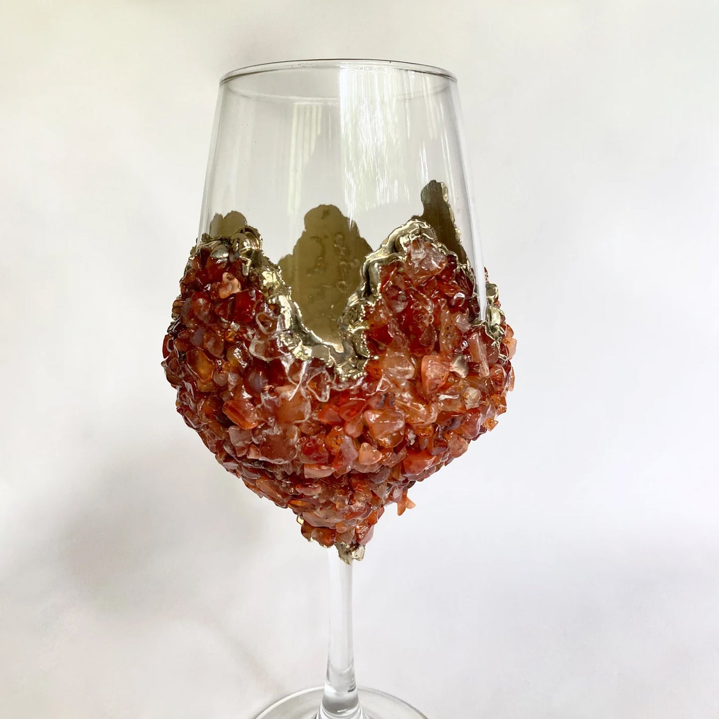 Set of 2 |Crystal Wine Glasses with Gold Plated Red Agate/Quartz Semi-precious Crystals | 16 oz/465 ml