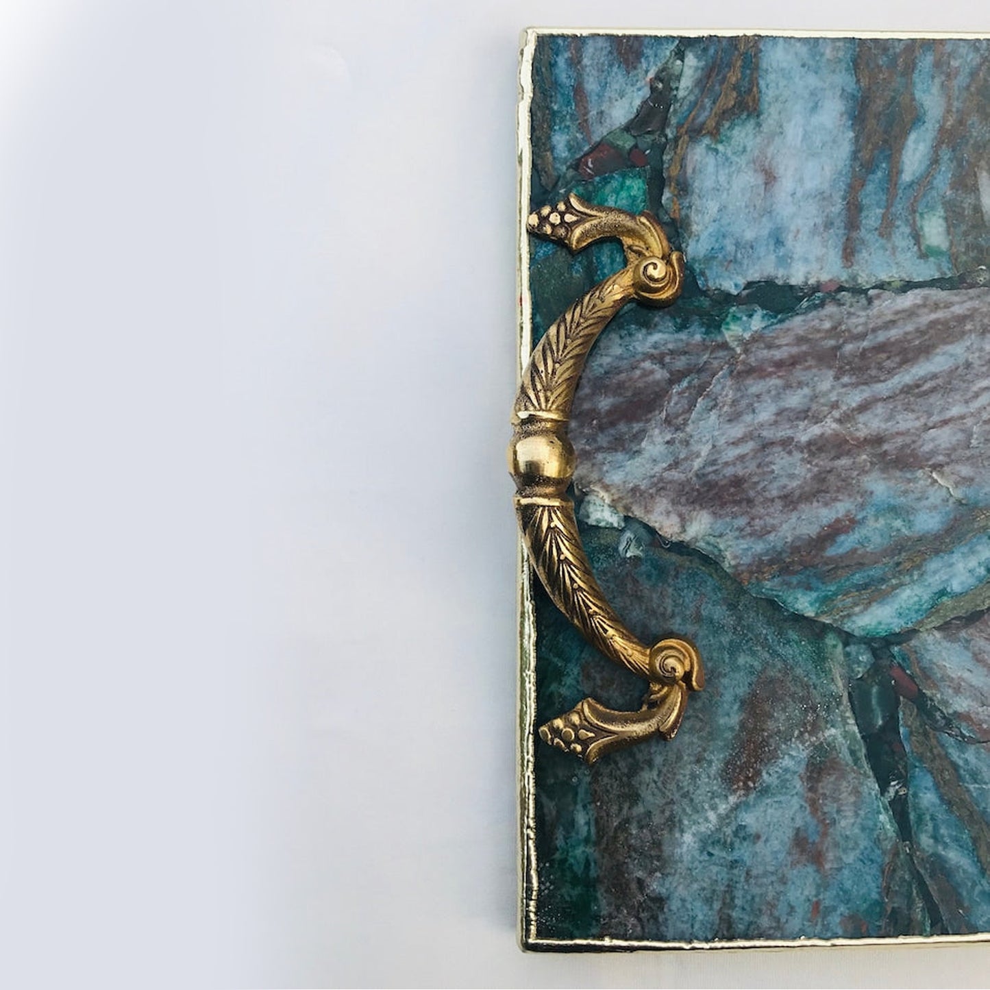 Green Aventurine Agate Serving Tray With Brass Handles