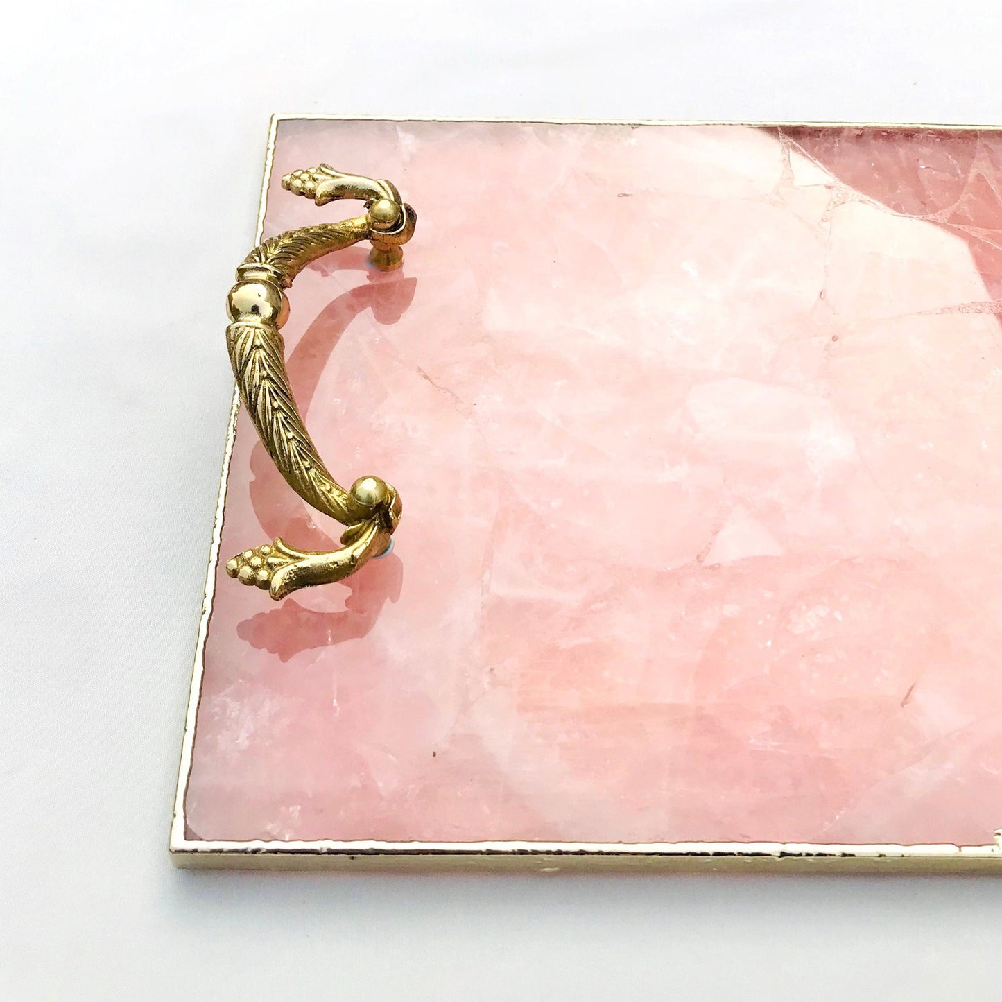 Rose Quartz Agate Serving Tray With Brass Handles