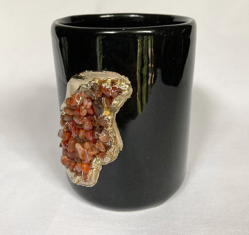 Set of 2 |Black and Gold Ceramic Big Coffee/Tea/Juice/Beverage Mug with Red Semi-precious Agate Crystal | 12 oz/355 ml