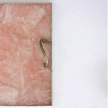 Rose Quartz Agate Serving Tray With Brass Handles | Square