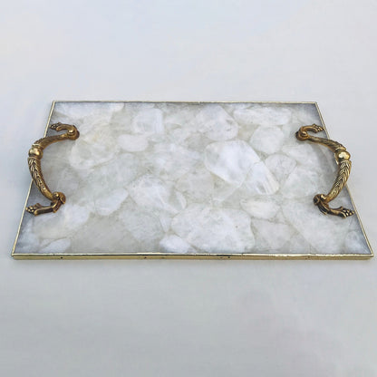 White Agate  Serving Tray With Brass Handles